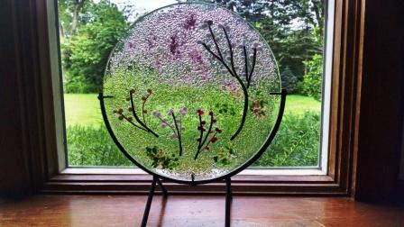 14 inch scenic art glass disk w stand "Spring"